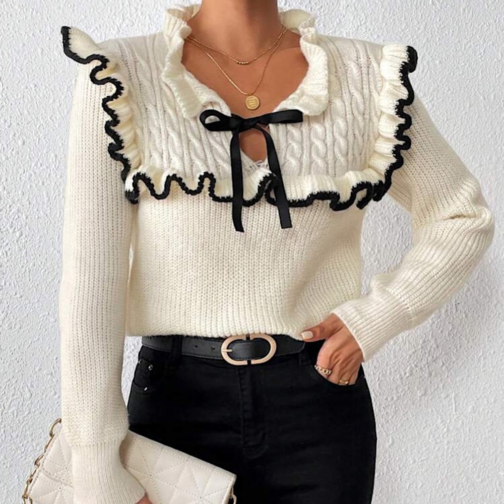 LUXE Contrast Ruffle Creamy Beige Tie-Front Sweater Small